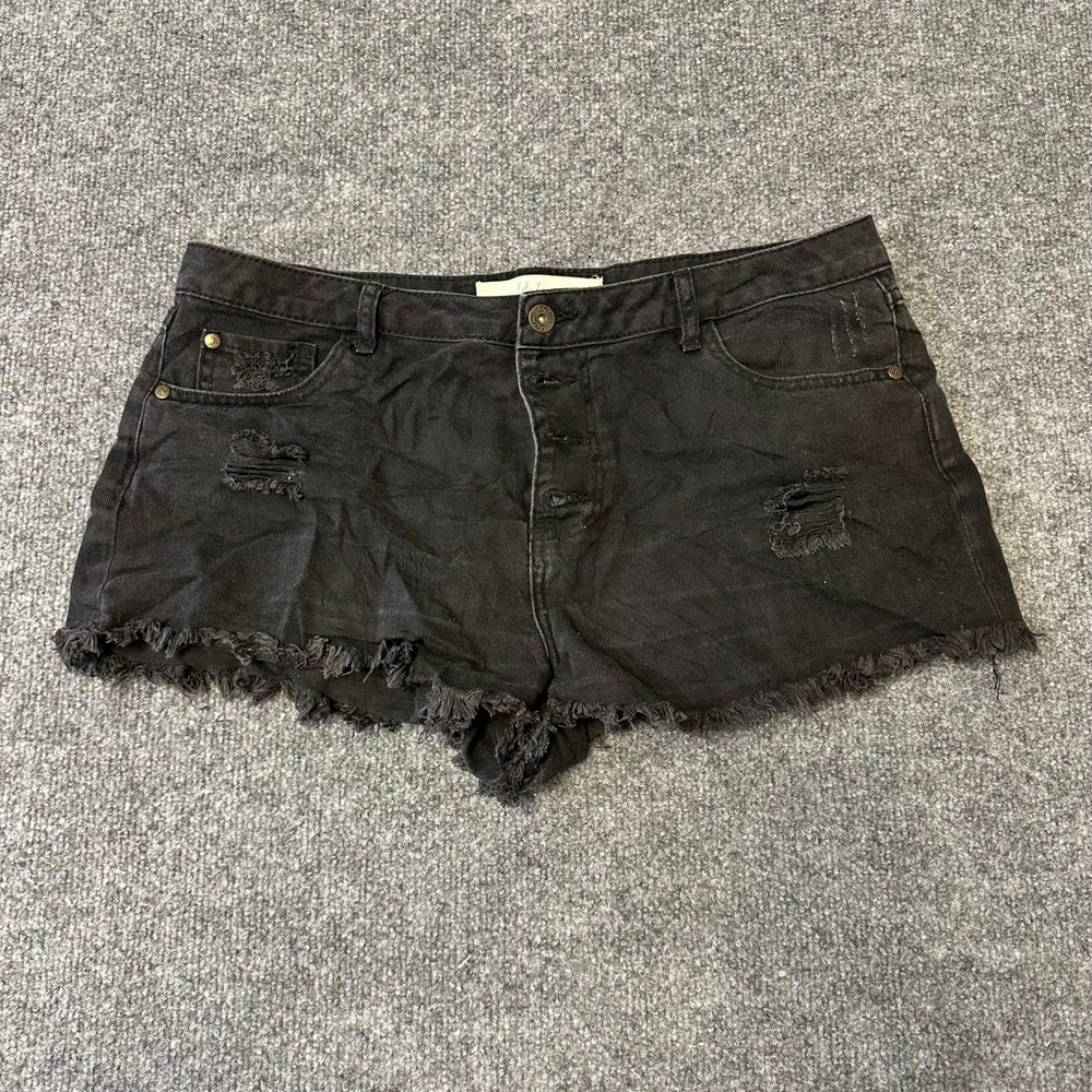 Lily Loves Denim Shorts Womens Size 14 Black Distressed Frayed Hem Button Fly